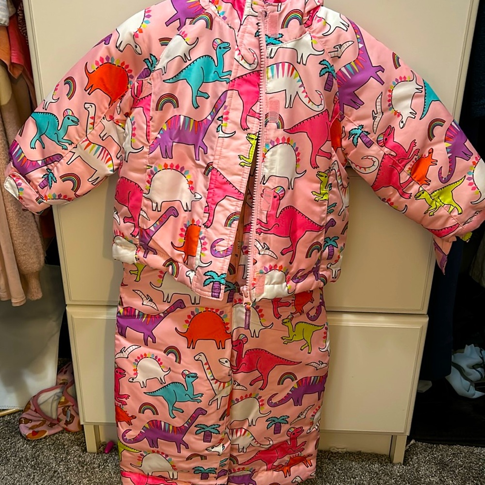 Complete Pink Dinosaur Themed Snow Outfit - Jacket, Overalls, Mittens-2T